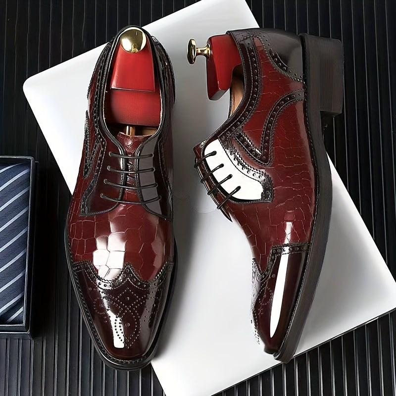 SHOWLU FASHION men's red wingtip brogue oxford dress shoes with square toe and detailed perforations on leather upper.
