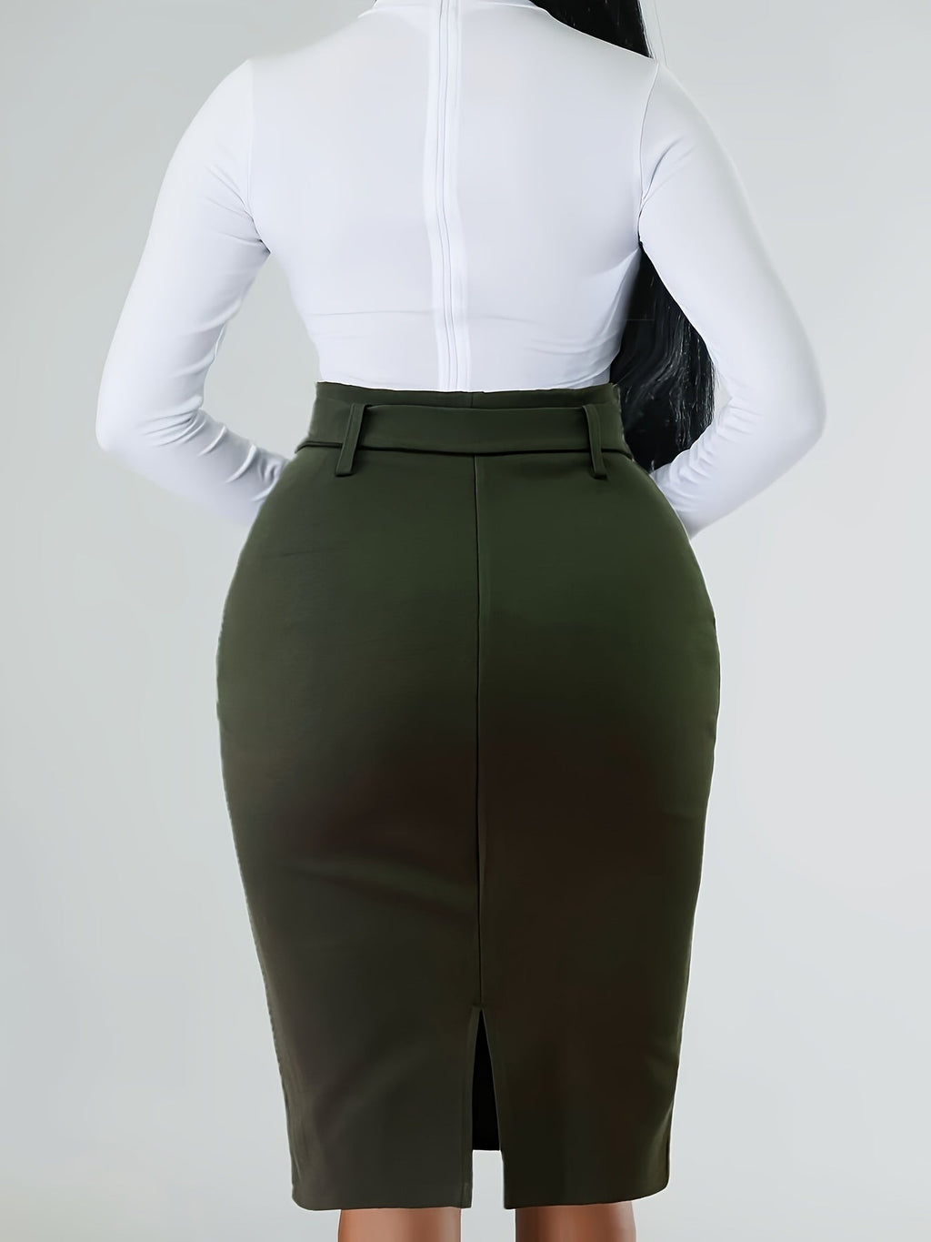 SHOWLU FASHION floral belted bodycon skirt with split back, made of soft jersey knit fabric, shown on a model.