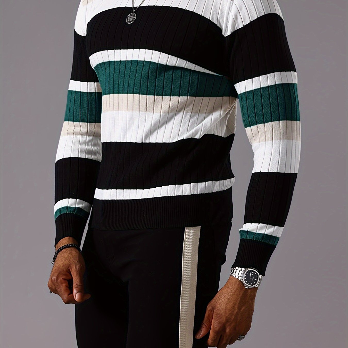 SHOWLU men's striped ribbed knit sweater with long sleeves and crew neck, casual pullover in a close-up view