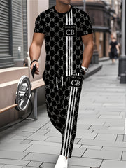 Zhiyu OBM Men's Summer Casual Sportswear 2pcs Set, Fashionable Round Neck Short Sleeve T-Shirt with Drawstring Pants