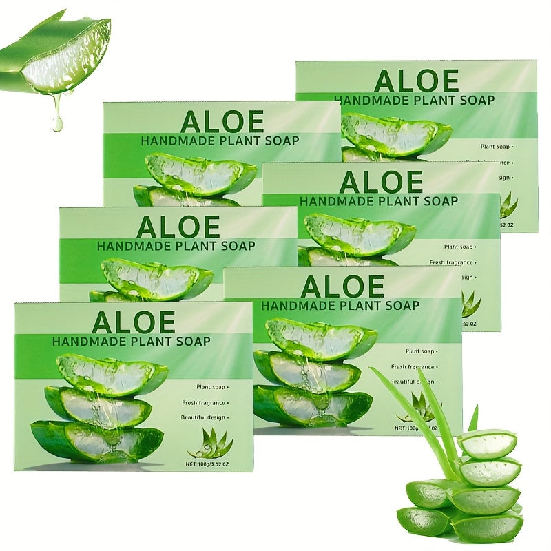Six Aloe Vera soap bars from SHOWLU FASHION STORE arranged in a natural setting, highlighting their smooth, green, and natural appearance.