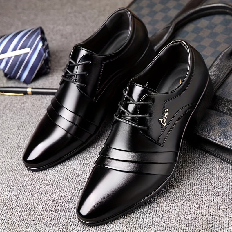 SHOWLU men's elegant black PU leather dress shoes with lace-up design, suitable for business and formal occasions.