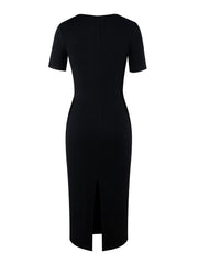 Elegant City-Style Two-Tone A-Line Dress with Short Sleeves and Side Slit - Rayon, Sleeveless, Bodycon Fit for Spring/Summer/Fall, Adult, Elegant Attire|Modern Fashion|Bodycon Dress