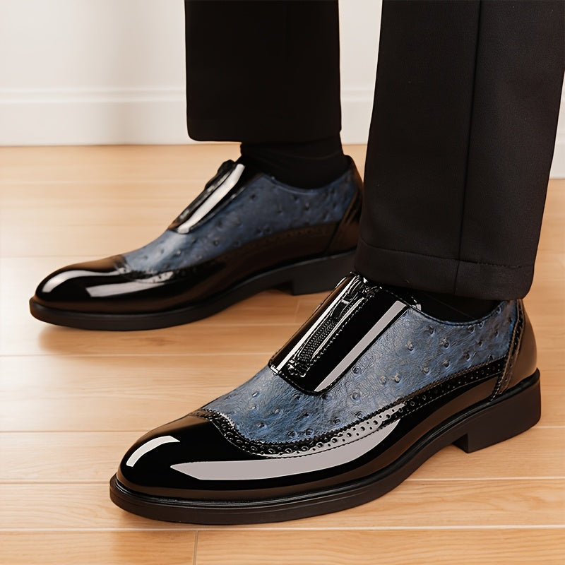 SHOWLU Men's leather Oxford shoes with zipper closure, stylish business casual dress shoes in black with polished finish.