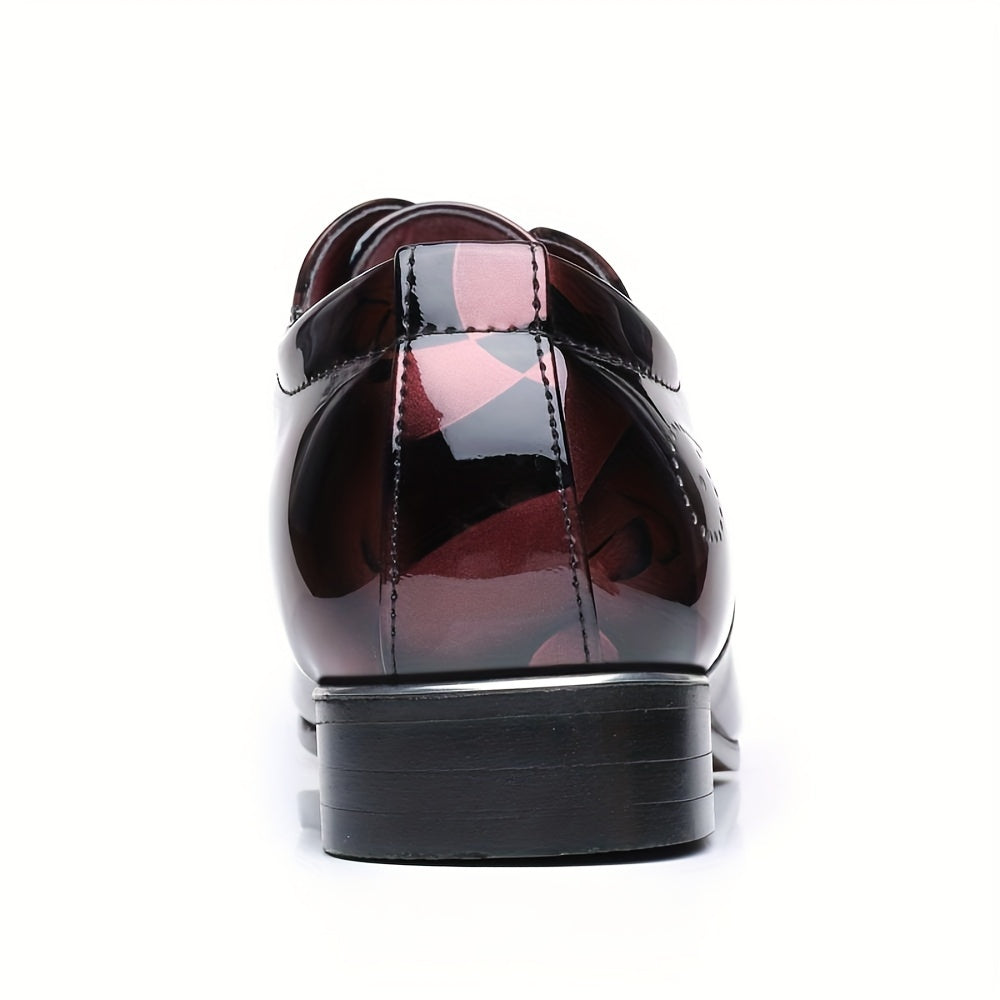 Men's pointed toe PU leather dress shoes with a flower print design, featuring a sleek business style from SHOWLU FASHION STORE.