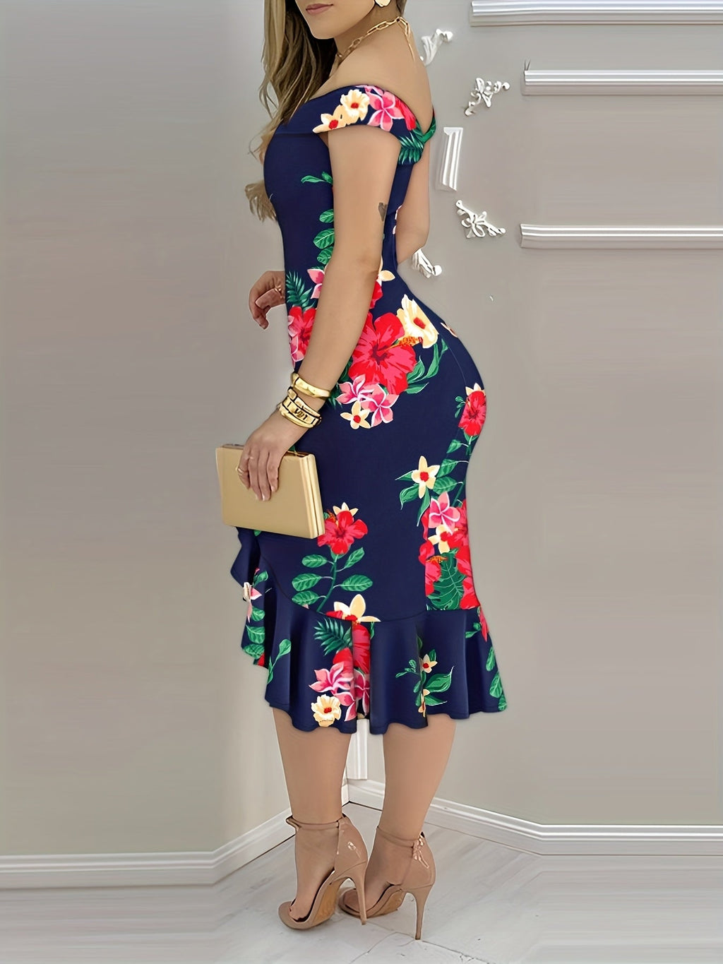 Floral off-shoulder bodycon midi dress with ruffle slit hem from SHOWLU FASHION STORE, featuring a fitted silhouette and feminine design.