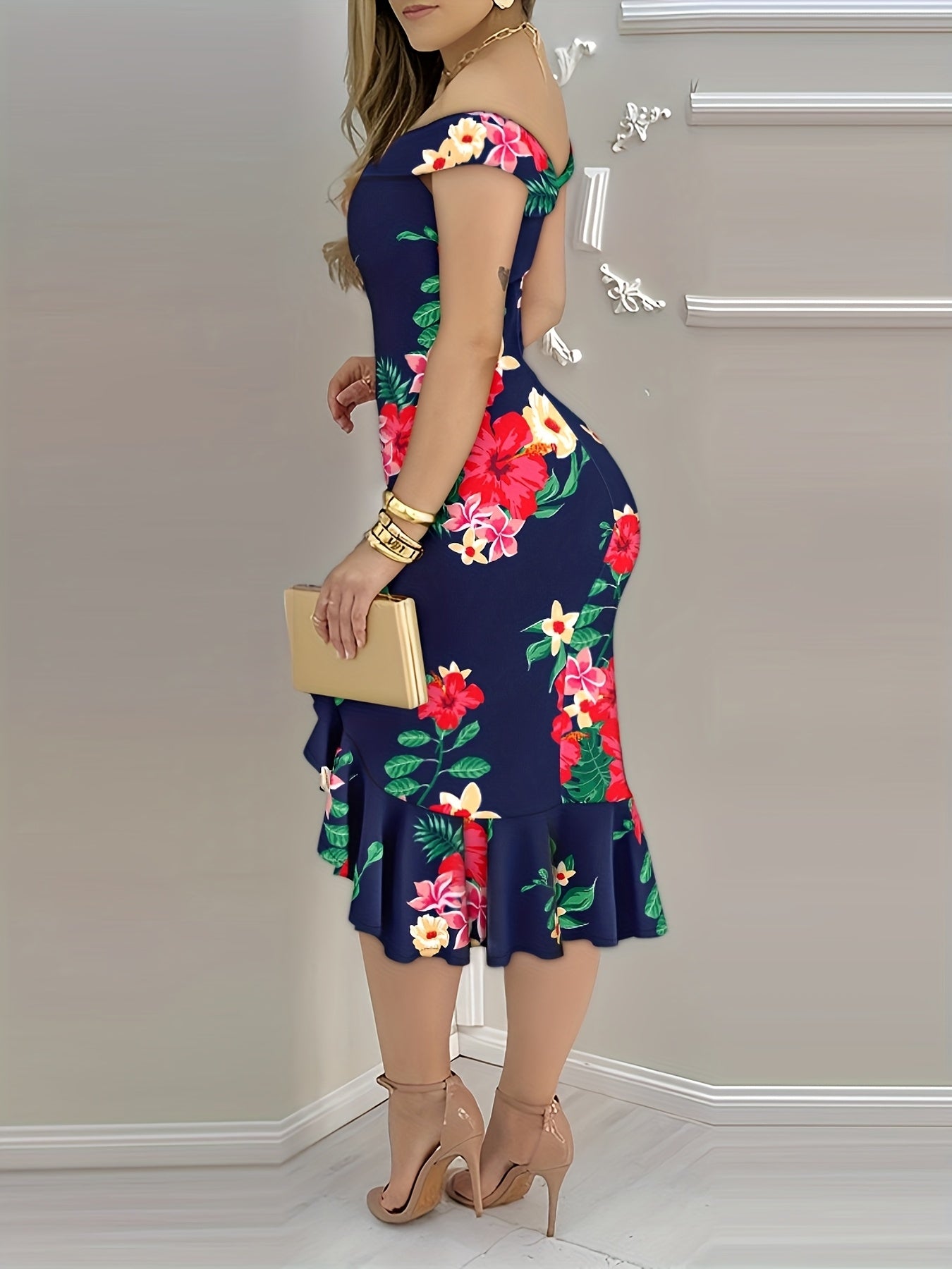 Floral off-shoulder bodycon midi dress with ruffle slit hem from SHOWLU FASHION STORE, featuring a fitted silhouette and feminine design.