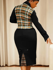 A Stylish Two-Piece Work Outfit Featuring a Checkered Vest And a Fitted Dress, Perfect for Professional Settings.