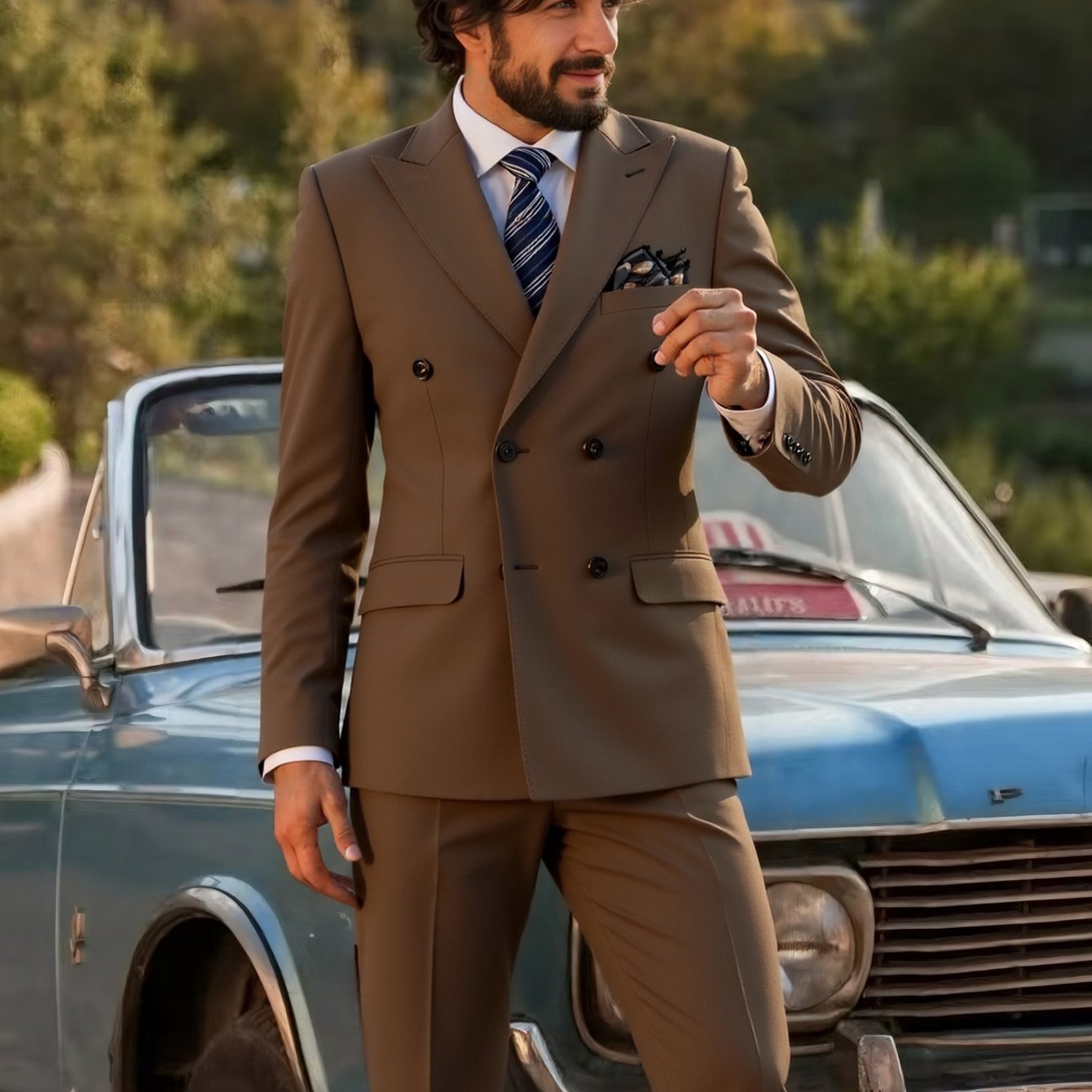 SHOWLU Men's double-breasted slim fit tuxedo suit with peak lapel, formal 2-piece wedding or evening wear, tailored and elegant.