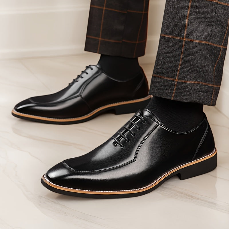 SHOWLU Men's black Oxford shoes made of genuine leather, formal dress shoes with sleek, polished design and classic lace-up style.