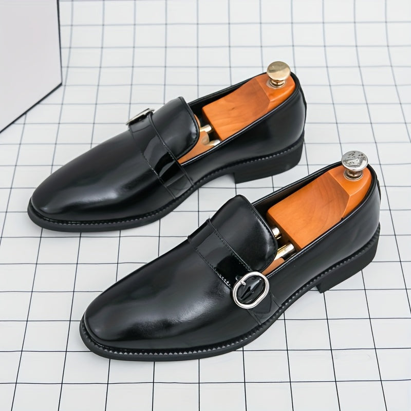 SHOWLU Men's glossy faux leather pointed-toe loafers slip-on dress shoes, stylish and polished for formal or casual wear.
