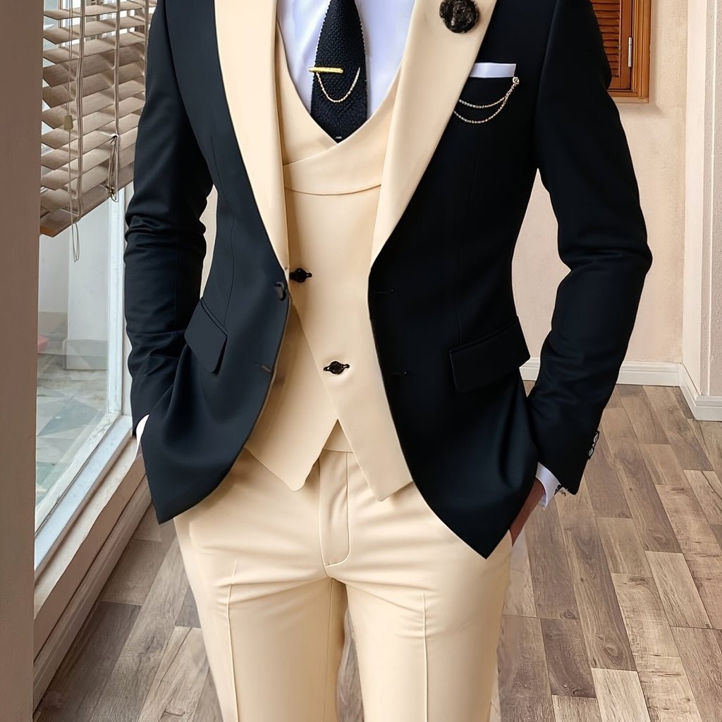 Showlu Fashion men's 3-piece color block slim fit tuxedo suit set, featuring a jacket, vest, and trousers in bold color blocks.