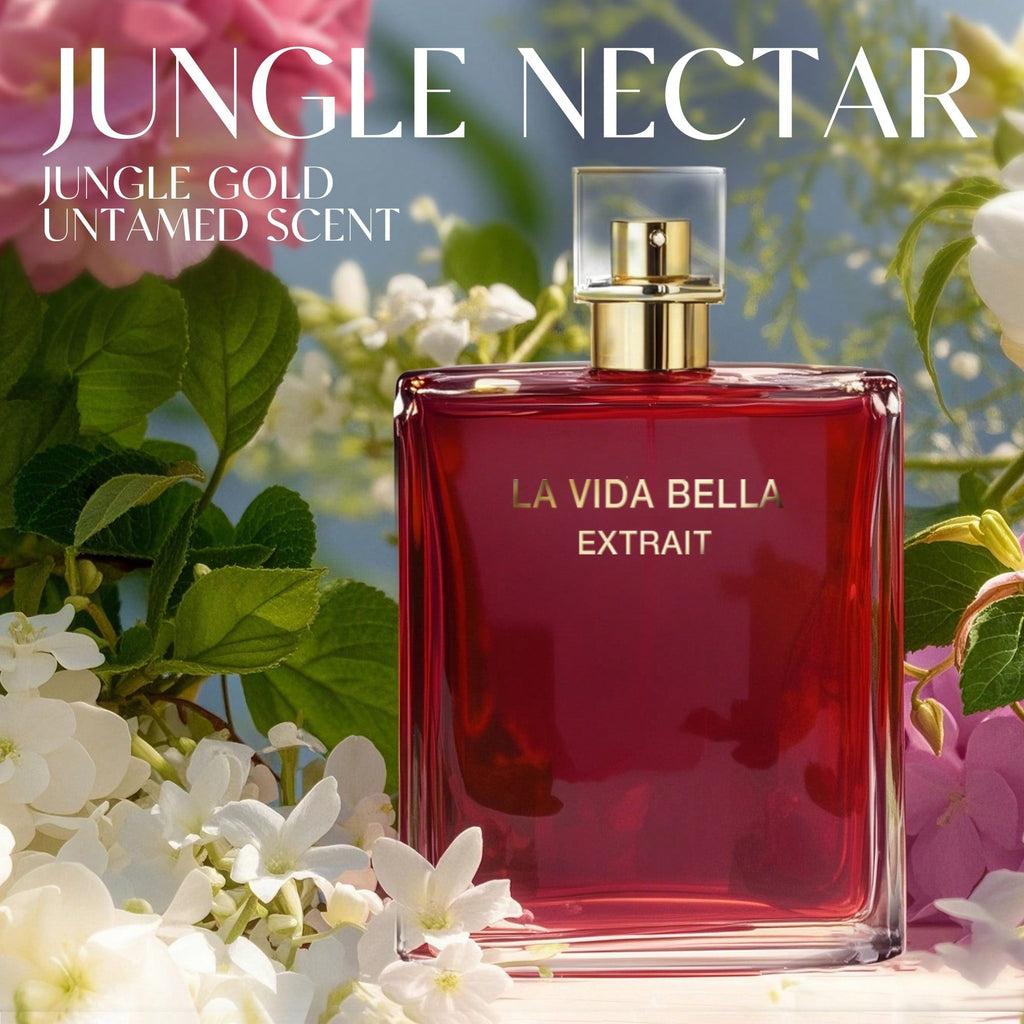 La Vida Bella Extrait perfume for women in 3.4oz floral EDP spray bottle, shown with its elegant packaging and floral design.