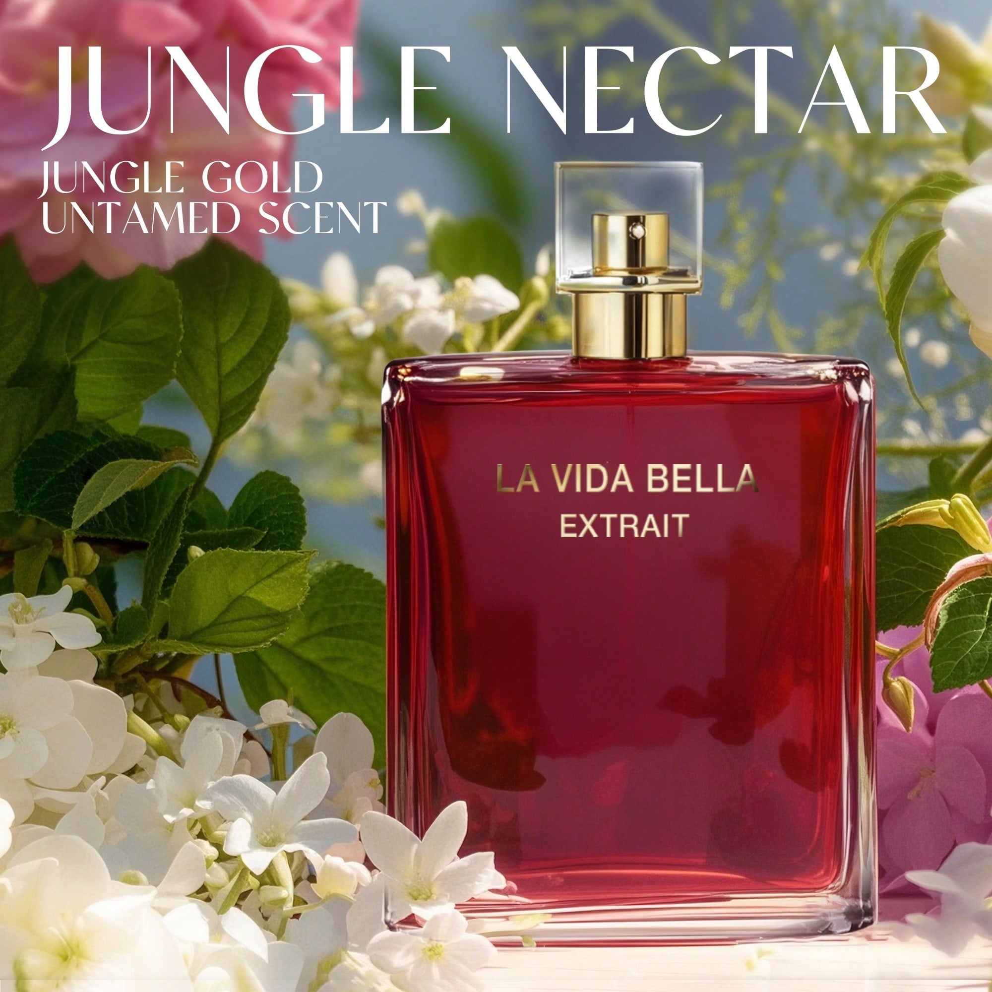 La Vida Bella Extrait perfume for women in 3.4oz floral EDP spray bottle, shown with its elegant packaging and floral design.