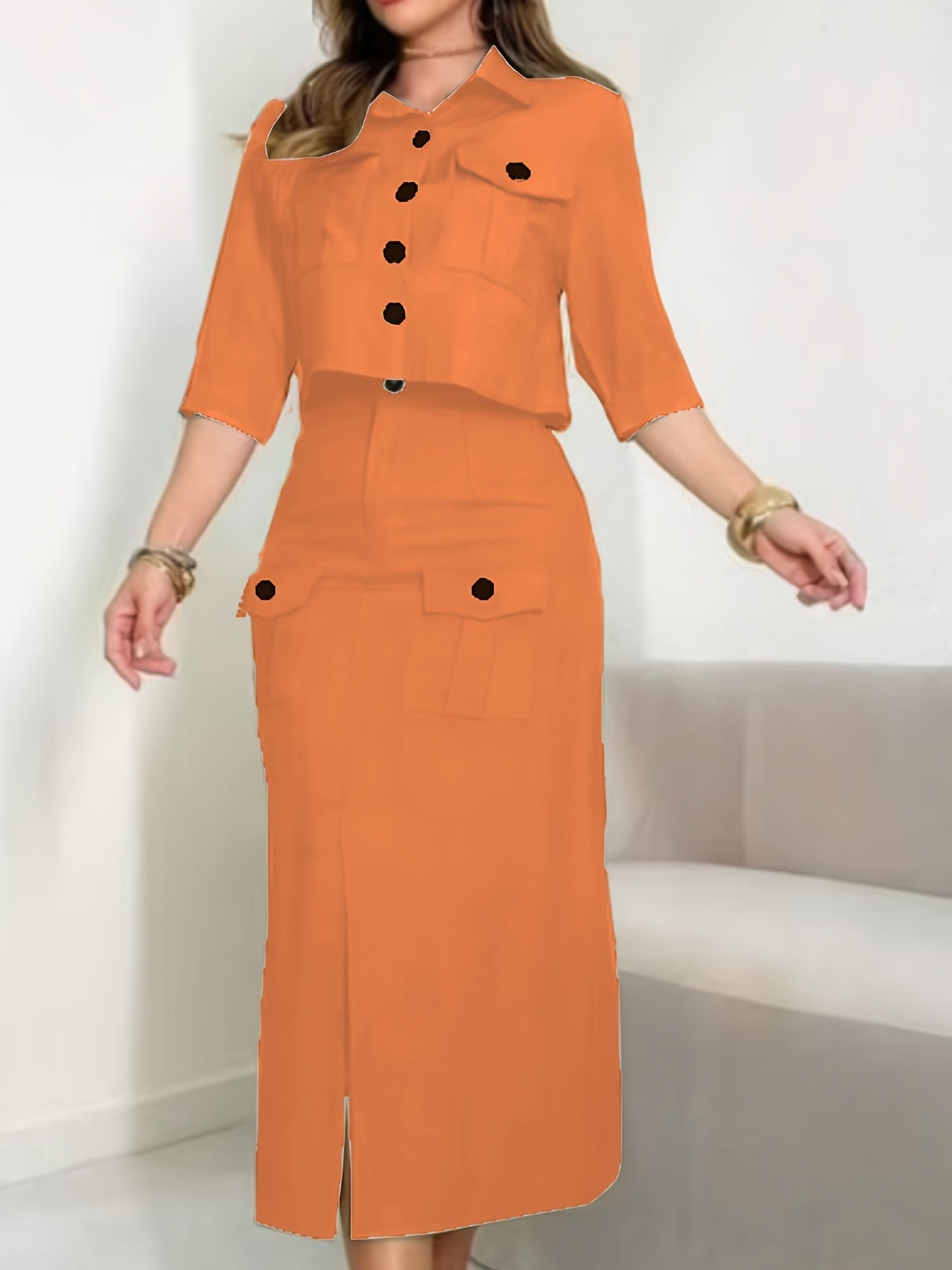 SHOWLU FASHION women's two-piece skirt set featuring a solid color dress with matching skirt, stylish and chic for casual wear.