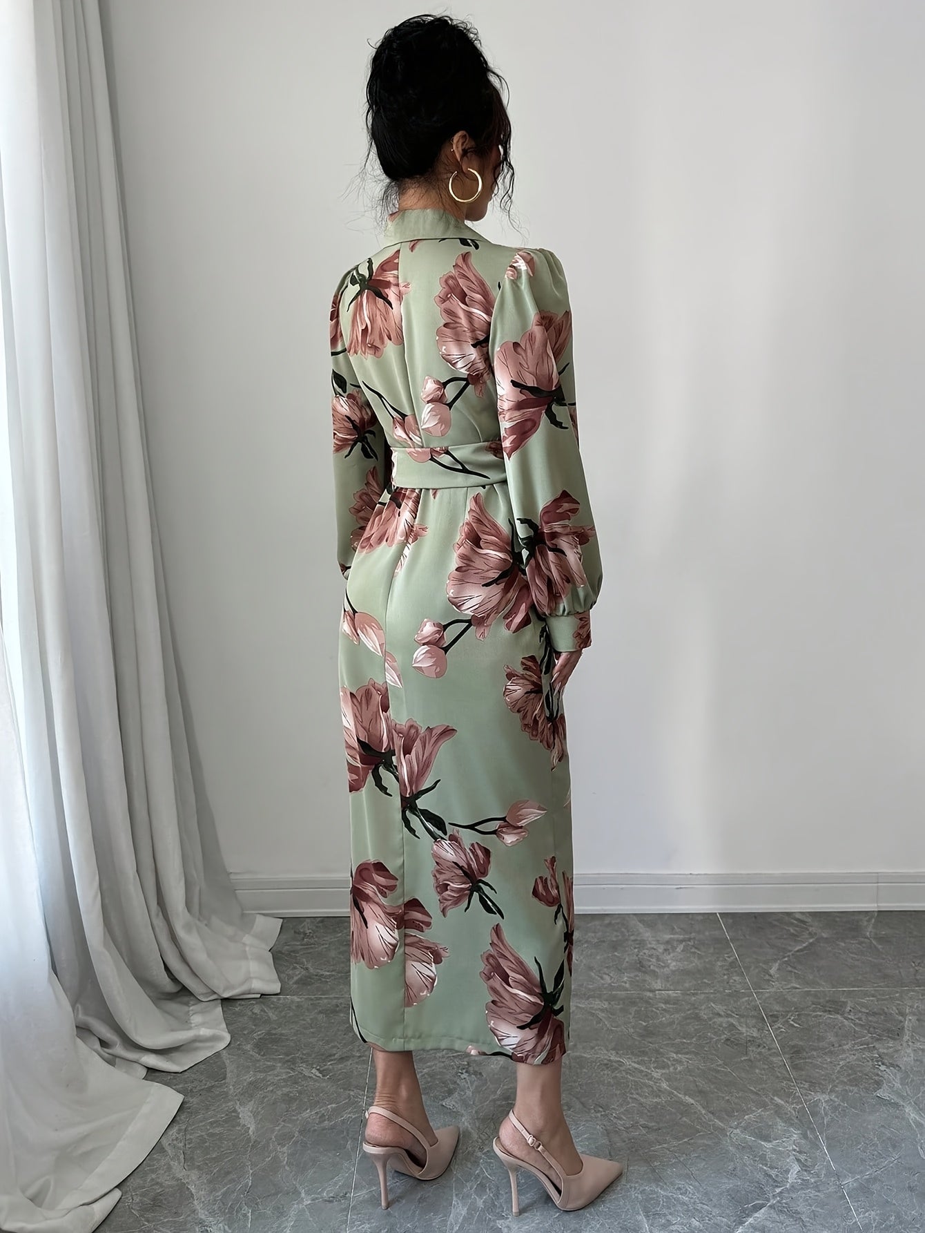 SHOWLU FASHION floral V-neck midi dress with long lantern sleeves and bodycon fit, displayed on a hanger.