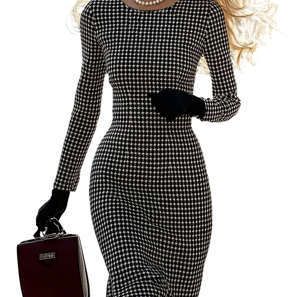 SHOWLU FASHION Women's black and white houndstooth long sleeve dress with a fitted silhouette and classic pattern.