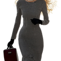 SHOWLU FASHION Women's black and white houndstooth long sleeve dress with a fitted silhouette and classic pattern.