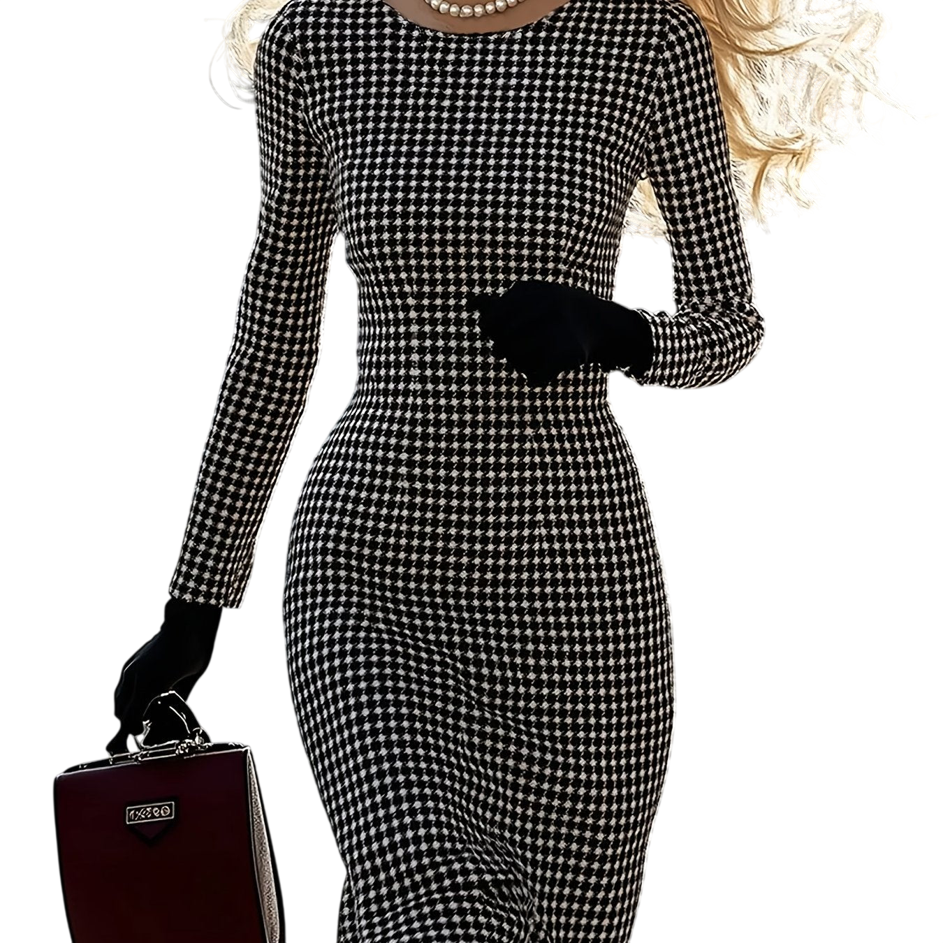 SHOWLU FASHION Women's black and white houndstooth long sleeve dress with a fitted silhouette and classic pattern.
