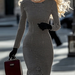 Women's Elegant Black & White Houndstooth Dress - Long Sleeve Office to party Outfit, Formal & Everyday Chic, Machine Washable Fabric for Fall/Spring Seasons, Chic Dress, Seasonal Fashion Wear, Comfortable Fit Attire