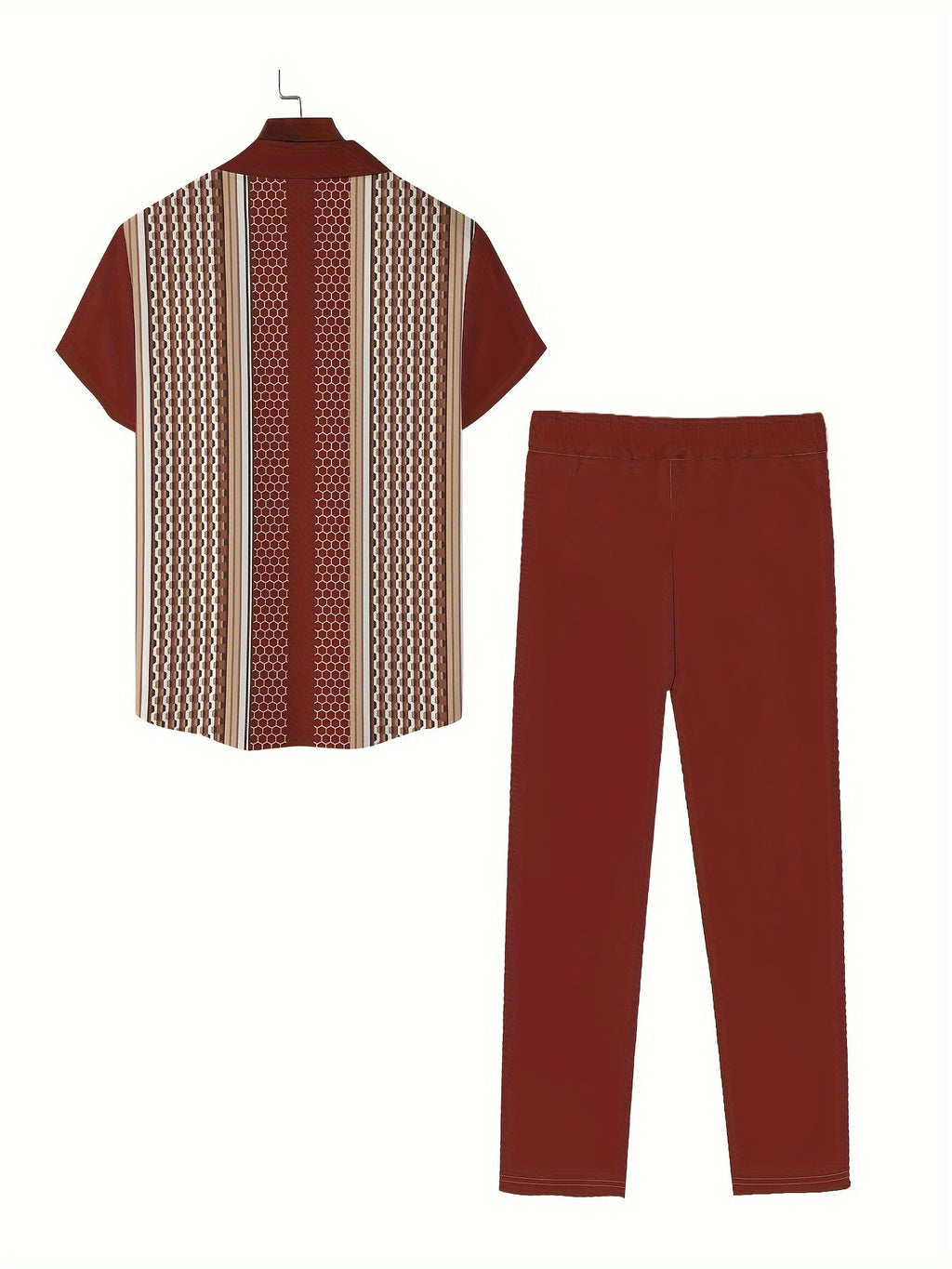 SHOWLU Men's geometric print retro outfit set featuring a loose casual attire with bold patterns and stylish design.