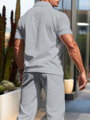 Men'S Waffle Texture Lapel Shirt And Pants Set - Polyester Short Sleeved Shirt, Zipper Access, Elastic Drawstring Waist Straight Leg Pants 5 Colors Suitable For Spring, Summer, Autumn, Beach, Outdoor Activities, Daily Wear, S