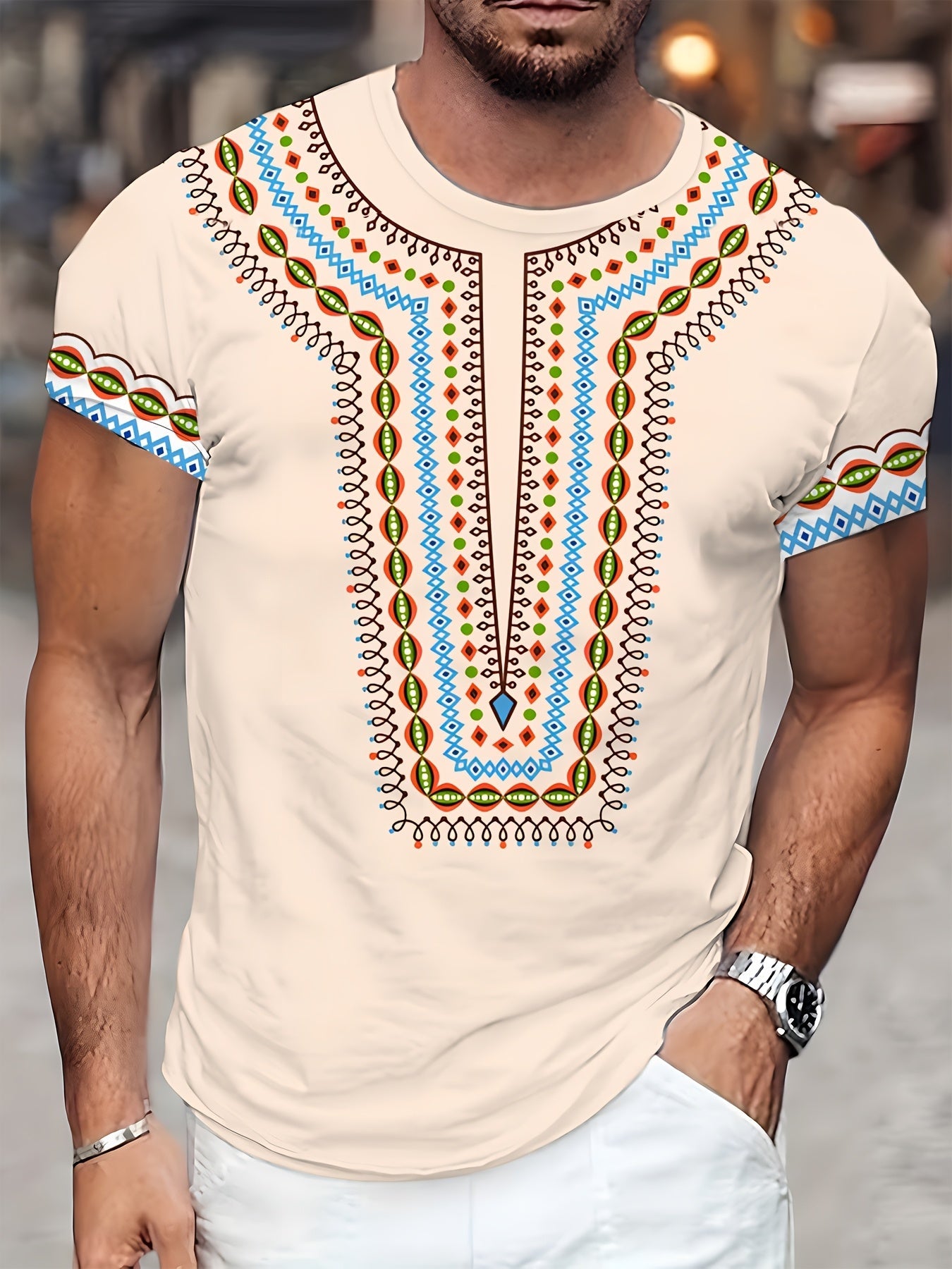 SHOWLU Men's African print white tribal knit crew neck T-shirt, casual fashion top with vibrant African-inspired patterns.