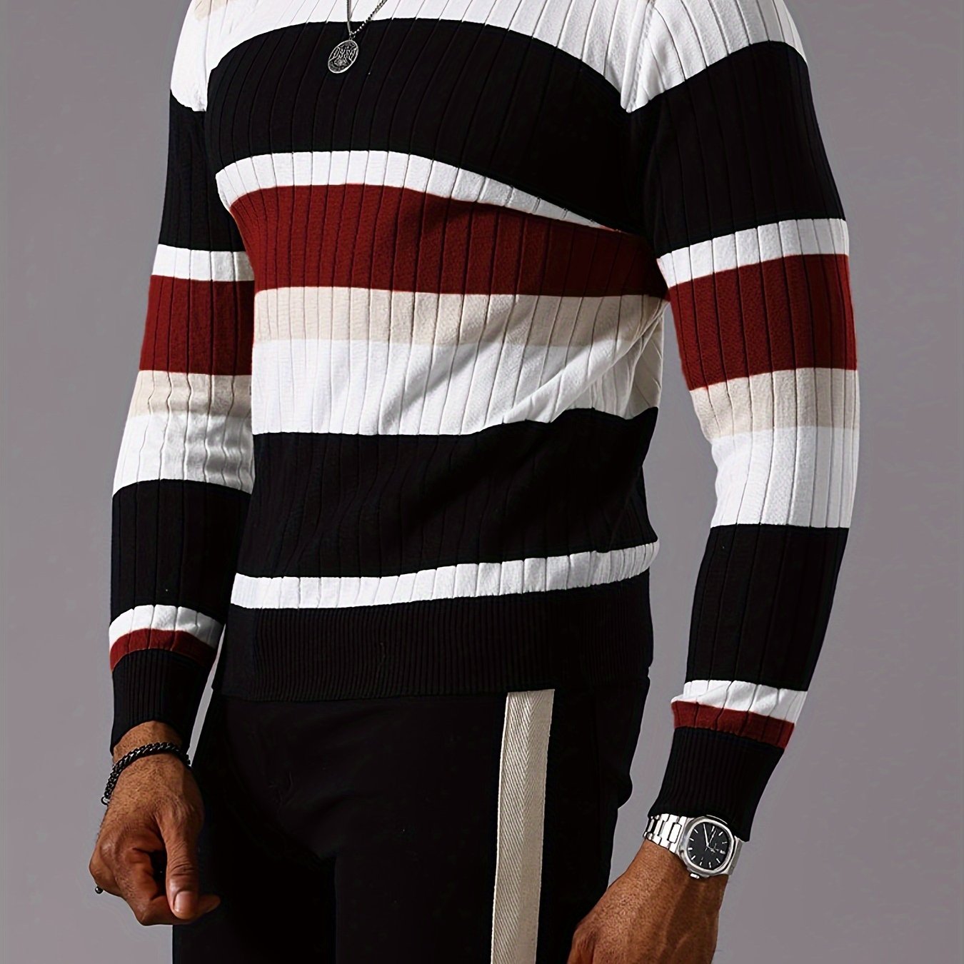 Men's SHOWLU striped ribbed knit sweater with long sleeves and crew neck, featuring a stylish, fitted design.