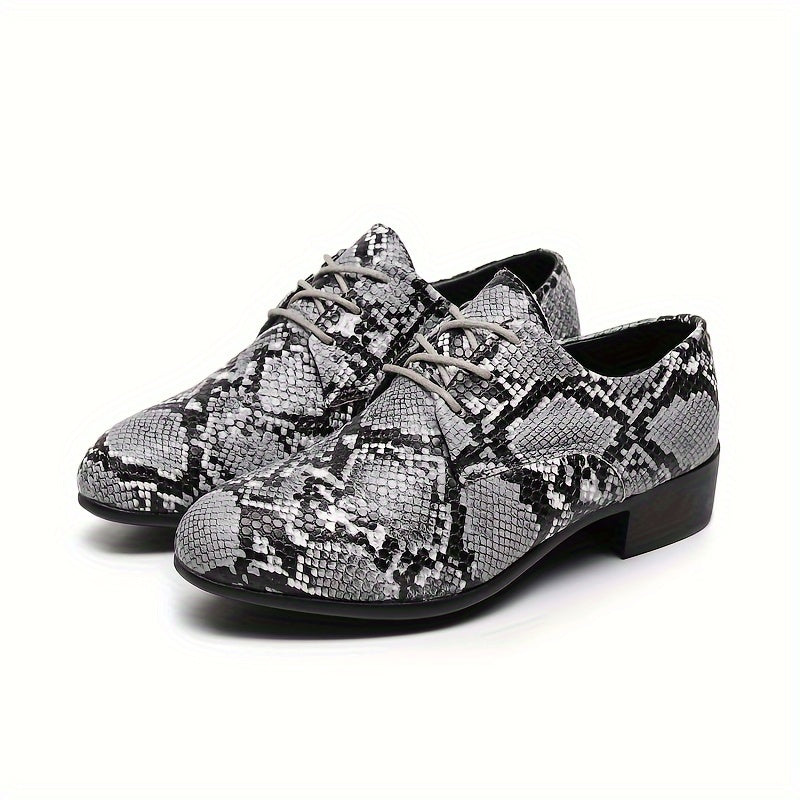 SHOWLU Men's snakeskin print dress shoes with vintage lace-up design, formal footwear featuring textured snakeskin pattern.