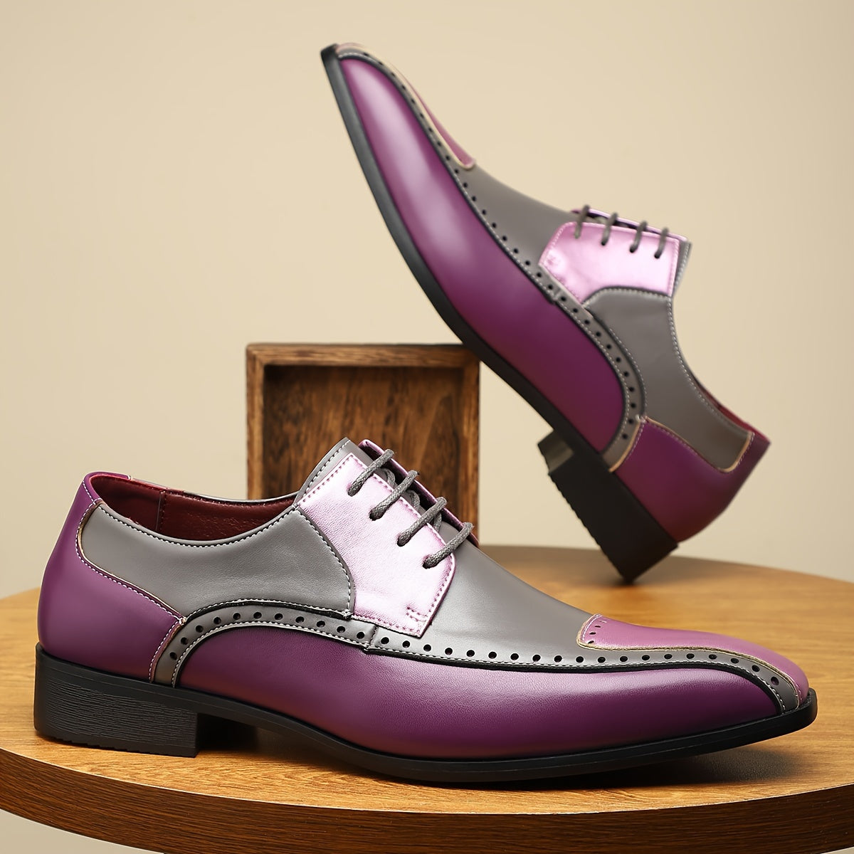 QRL men's spliced lace-up formal shoes with square toe design in black PU leather, casual style for men.
