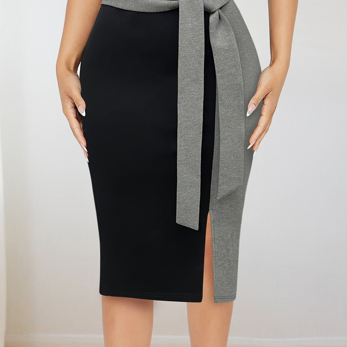Women's Elegant Slim-Fit Color-Block Midi Skirt - Black to Burgundy Ombre with Adjustable Ribbon Bow Detail, Machine Washable H-Silhouette for Spring/Summer Office to Party Wear, Cute Skirts, Sophisticated Texture