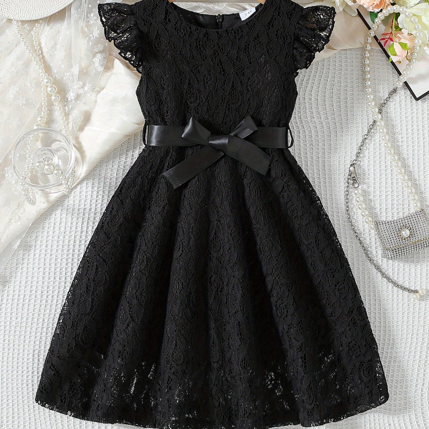 SHOWLU Girls lace fly sleeve summer dress with belt in solid color, woven fabric, perfect for warm weather and casual occasions.