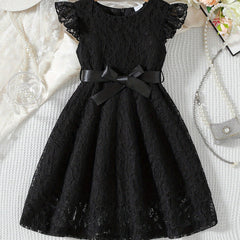 Girls Dress Lace Fly Sleeve Round Neck Casual Dress Fashion Summer Dress with Belt