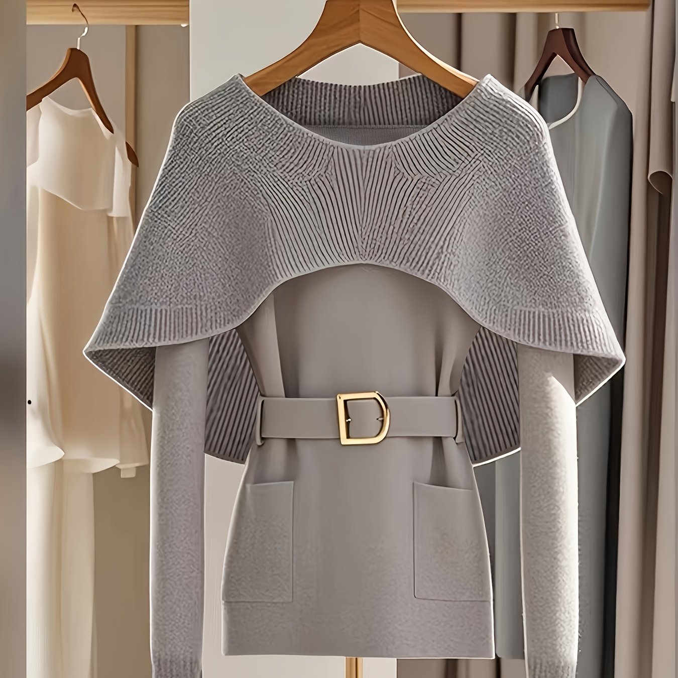 Grey knit cardigan with cape shawl and belt from SHOWLU FASHION, featuring cozy, stylish layered design and belt detail.