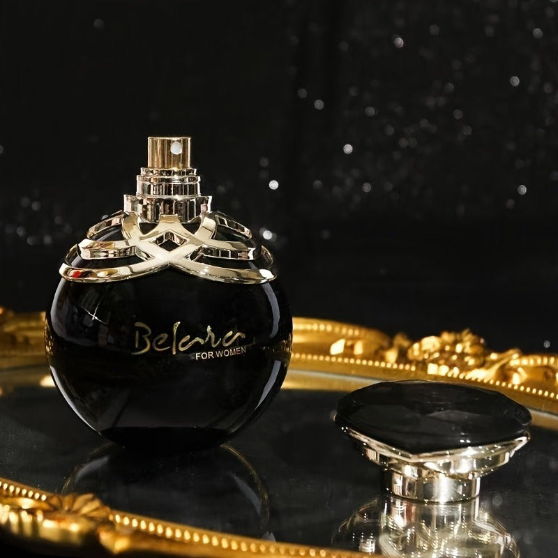 Belara Women's Black Gold Perfume in a floral apple-shaped bottle, showcasing a fresh floral scent design.