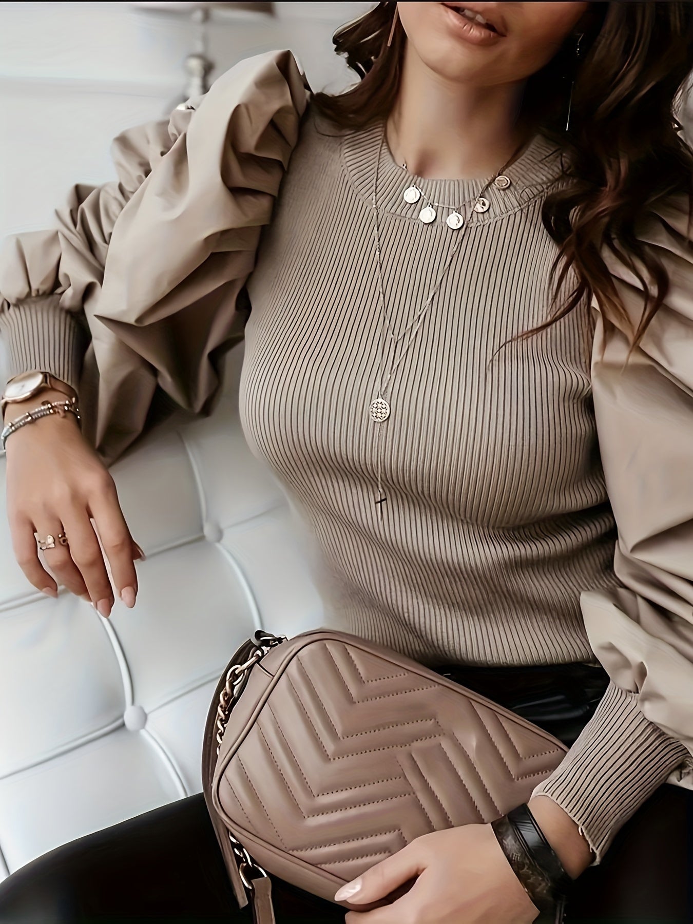 Black ribbed blouse for women with puff sleeves and crew neck, stylish top by SHOWLU FASHION STORE
