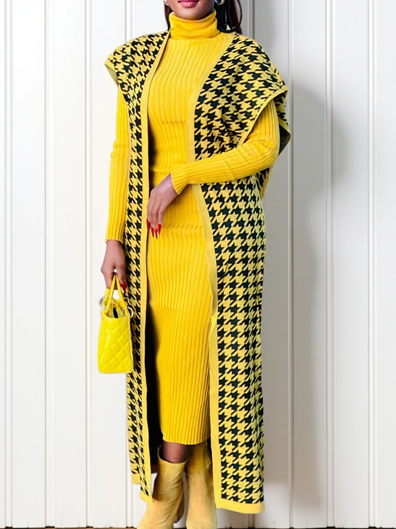 Women's houndstooth V-neck knit cardigan sweater by SHOWLU FASHION, featuring a stylish and classic pattern with long sleeves.