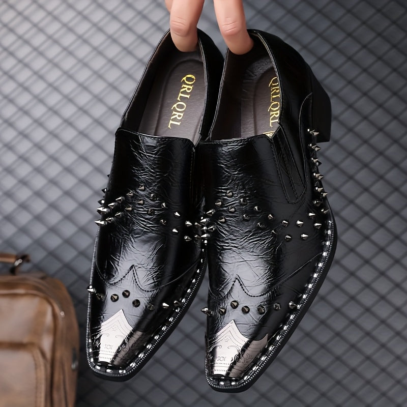 Men's pointed toe slip-on business casual shoes by Showlu Fashion Store with punk style design and PU material.