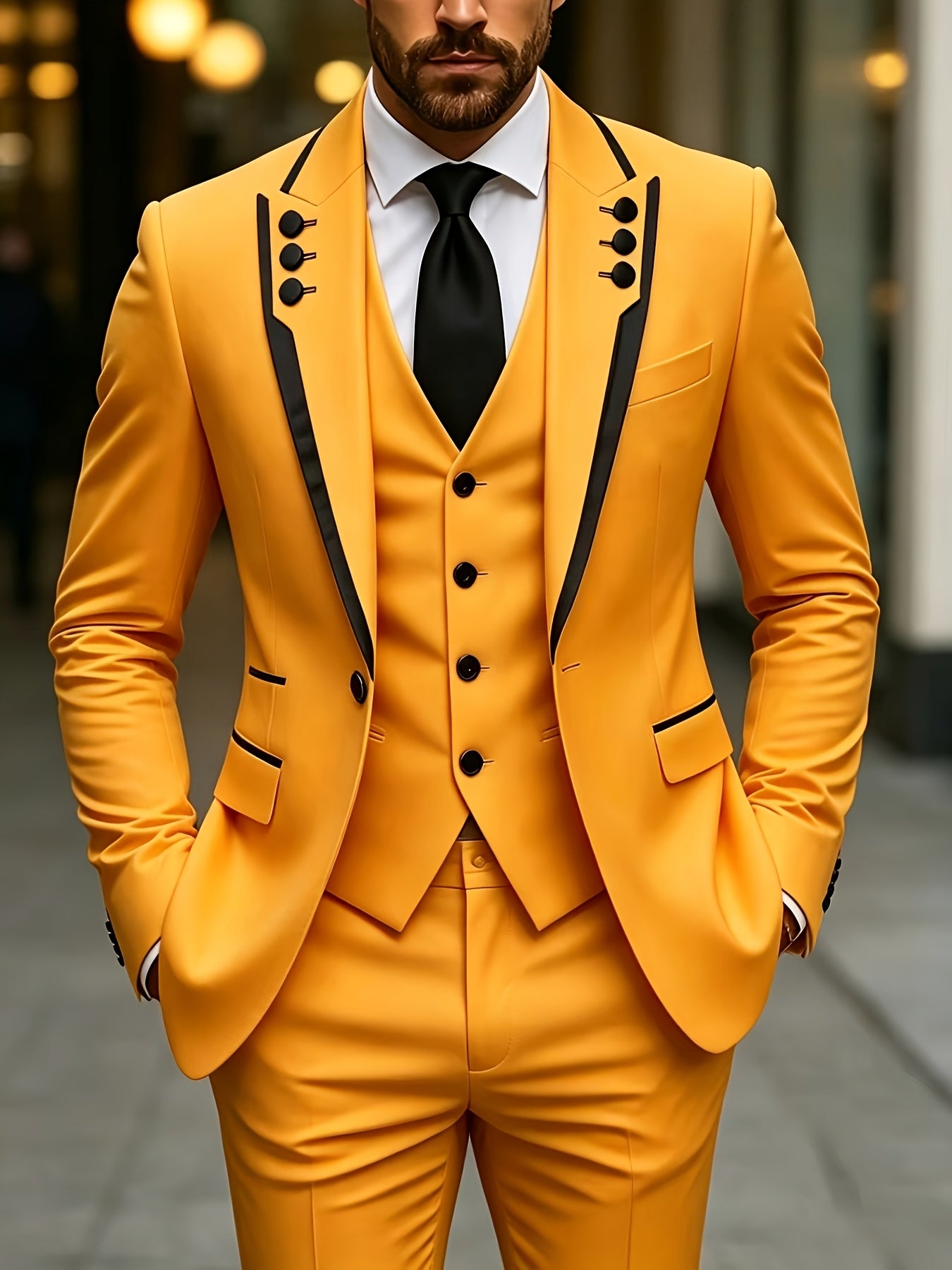 Men's black lapel fringed suit set by Showlu Smart General, featuring a formal 3-piece design for parties, weddings, and festivals.