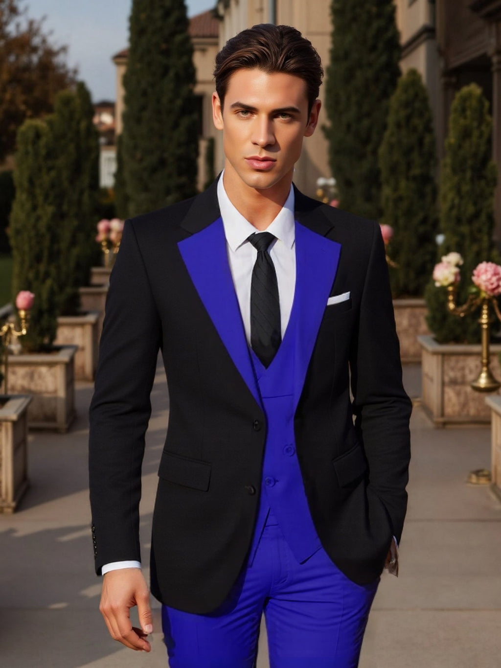 SHOWLU men's 3-piece slim fit wedding tuxedo with jacket, vest, and pants, tailored for formal occasions.