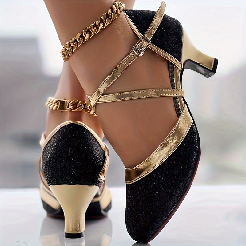 SHOWLU Women's Glitter Latin dance shoes with chunky mid heel and D'Orsay design, featuring sparkling embellishments and stylish silhouette.
