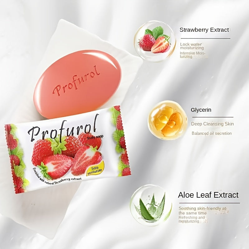 SHOWLU Strawberry Scented Soap Bars with exfoliating Vitamin E, featuring six pink soap bars with textured surfaces.