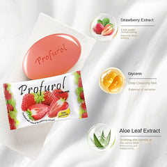 A Profurol strawberry scented soap bar is shown next to its packaging and ingredient icons.
