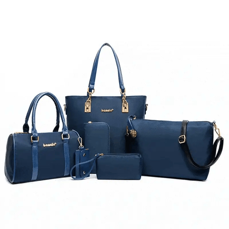 Six-piece women's shoulder bag set featuring assorted handbags, crossbody purses, wallets, and envelope-style bags in stylish designs.