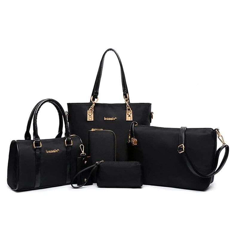 Six-piece women's shoulder bag set featuring various crossbody, envelope, and messenger handbags in stylish designs.
