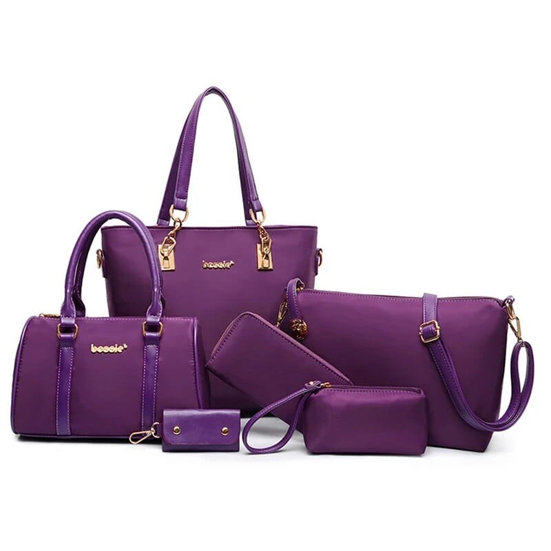Six-piece women's shoulder bag set by Showlu Fashion Store featuring assorted handbags, crossbody, envelope, and wallet styles.