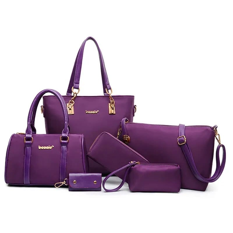 Six-piece women's shoulder bag set featuring various handbags, crossbody, envelope, and messenger styles in diverse colors.