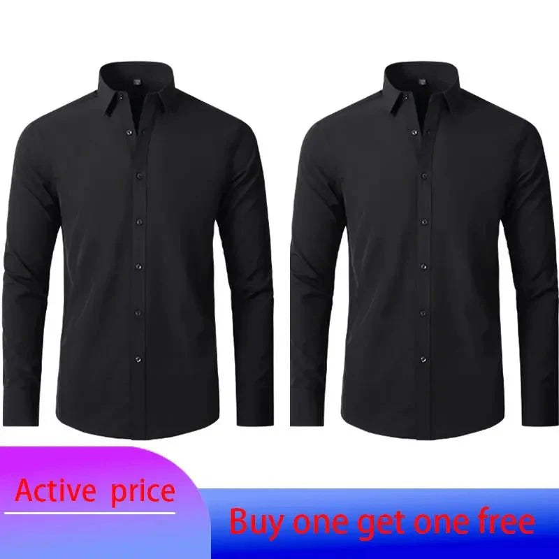 Showlu men's long-sleeved business casual shirt in solid color with a non-iron, mercerized fabric, suitable for spring and summer.