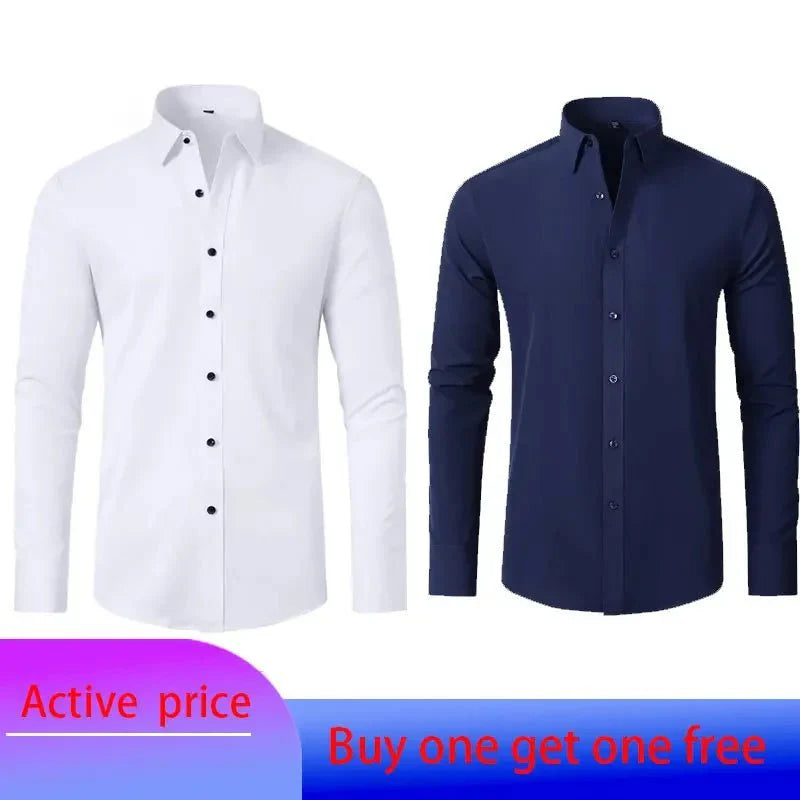 Showlu Men's long-sleeved business casual shirt in solid color, non-iron, spring and summer style with a Mercerized vertical design.