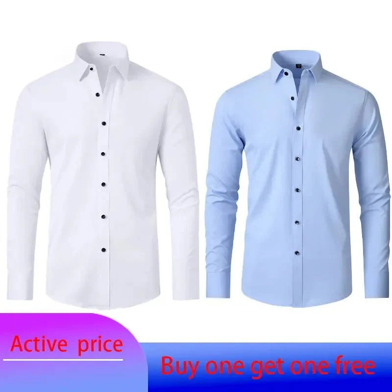Showlu men's long-sleeved business casual shirt in solid color, non-iron, with a smooth, mercerized fabric and vertical design.